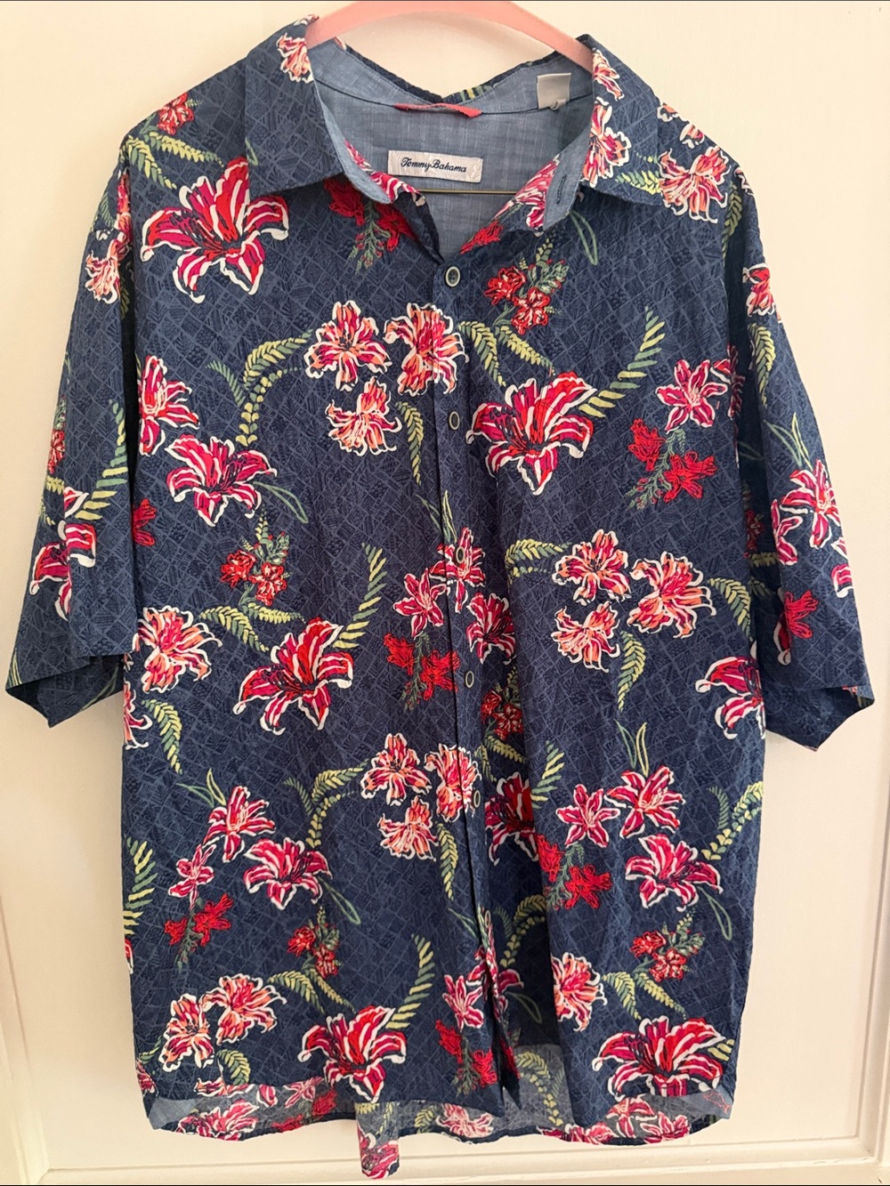 Tommy Bahama Navy Floral Short-Sleeve Camp Shirt with Red Accents